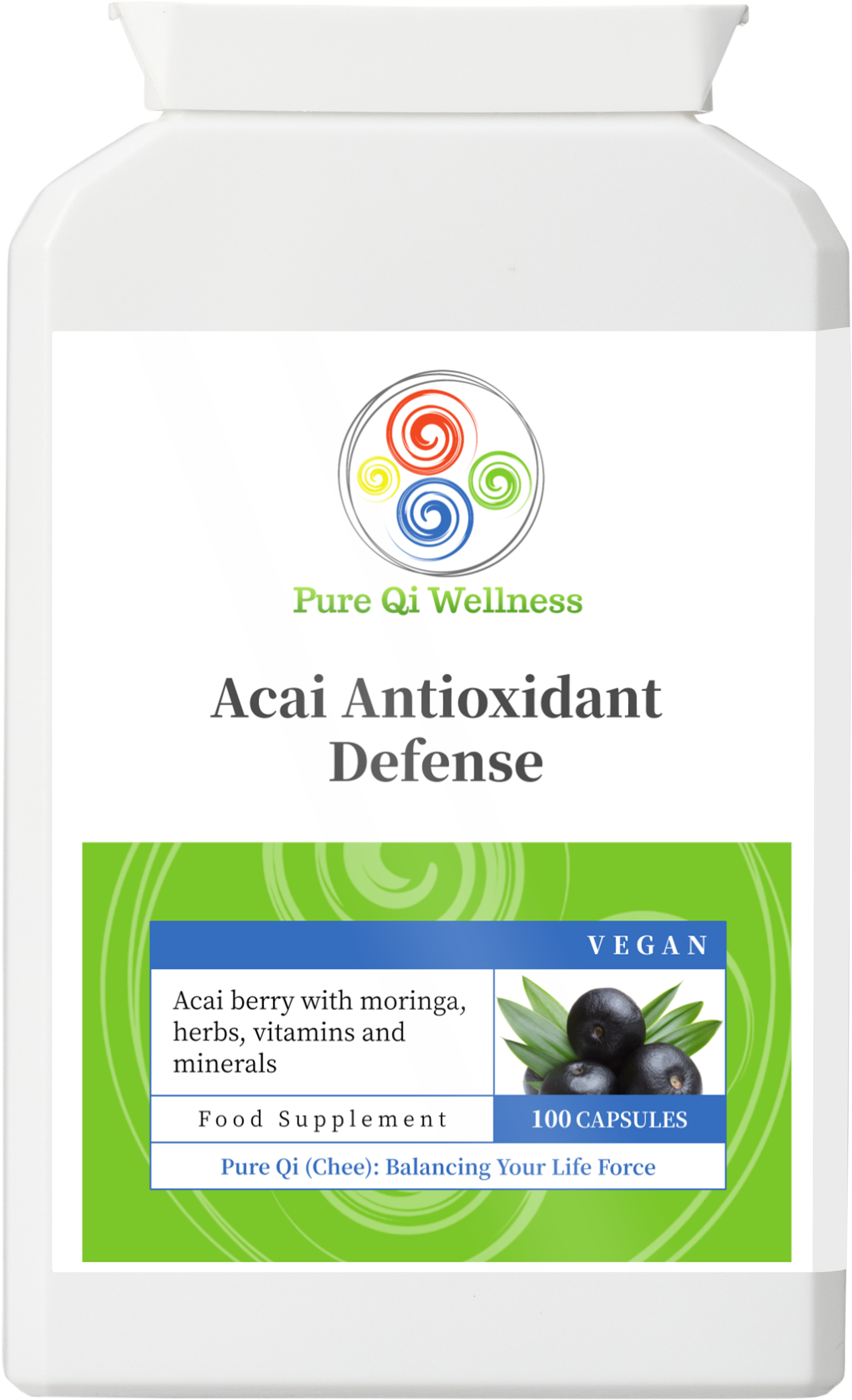Supplement bottle labeled 'Acai Antioxidant Defense' by Pure Qi Wellness on a white background.
